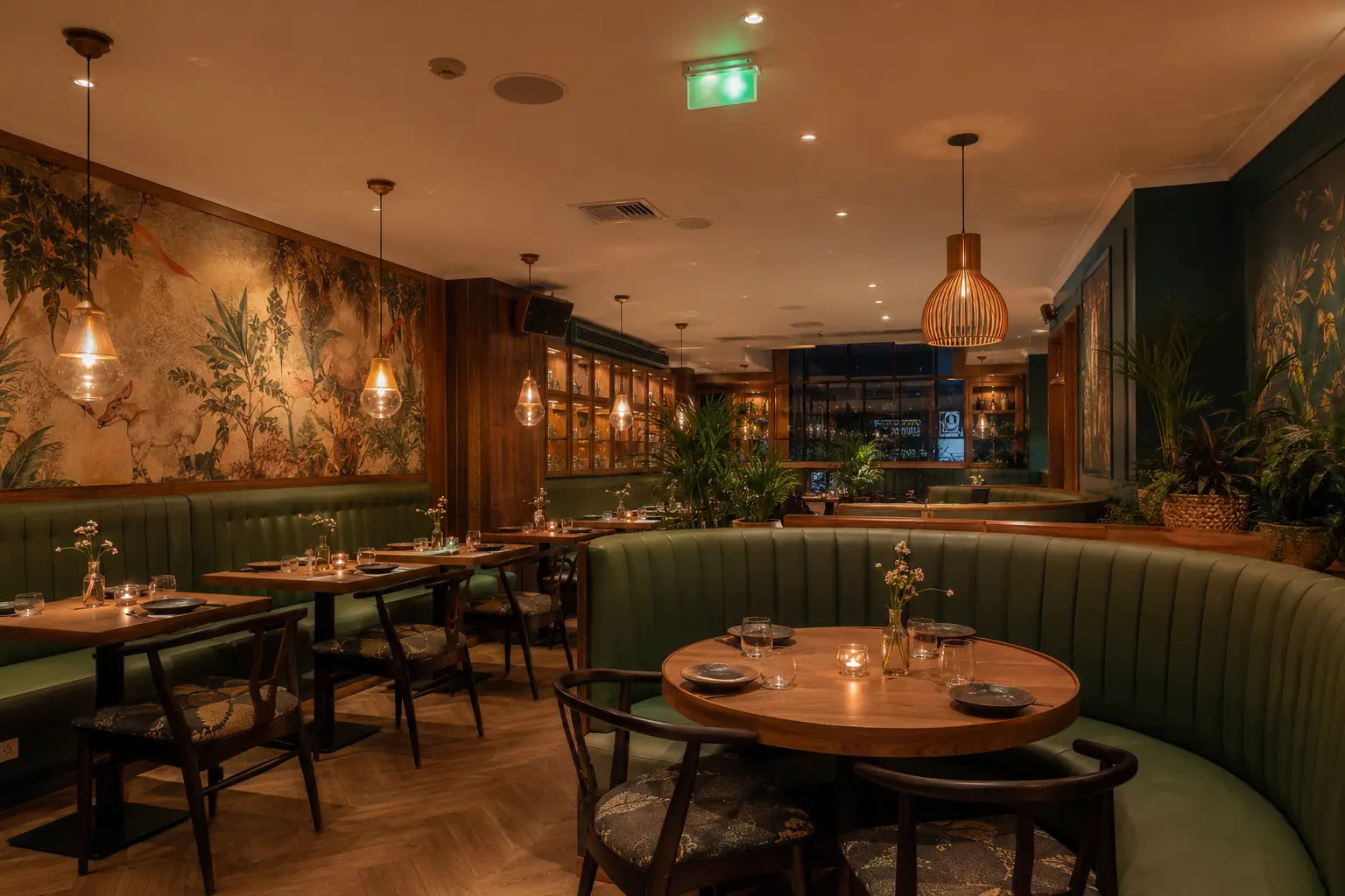 Illustrated restaurant interior with integrated decorative and emergency lighting