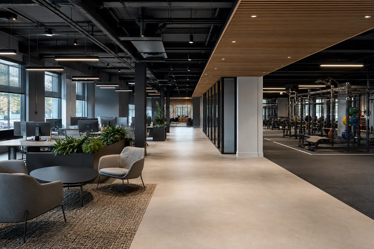 Illustrated commercial fitness headquarters with offices, training space and coordinated electrical services