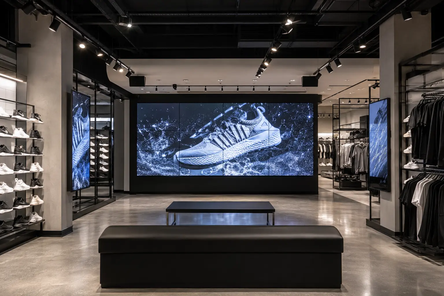 Representative sportswear store with LED video walls, digital displays and integrated audio visual services