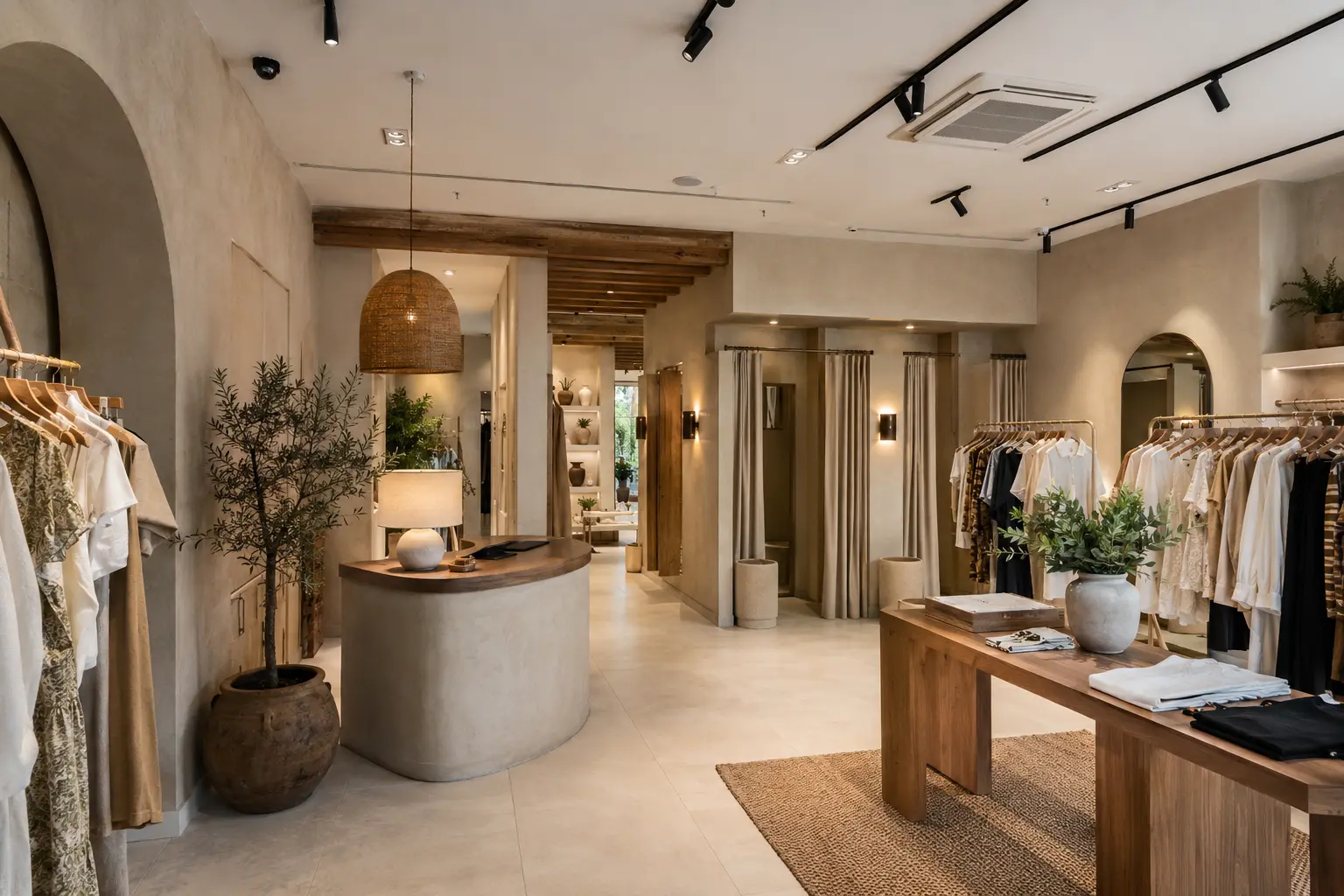 Illustrated premium fashion-store interior with architectural lighting and coordinated ceiling services