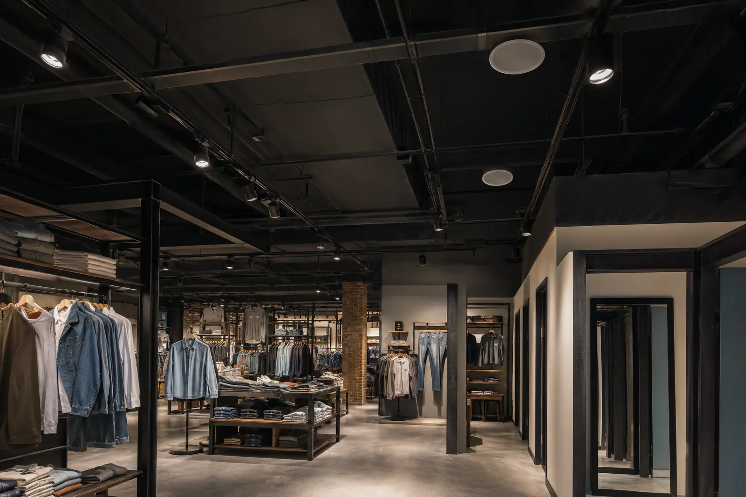 Illustrated fashion retail interior with professionally integrated ceiling loudspeakers